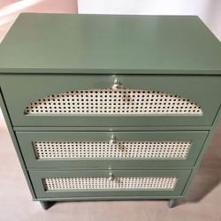 New Boho 3 Drawer Chest with Natural Cane Olive Green