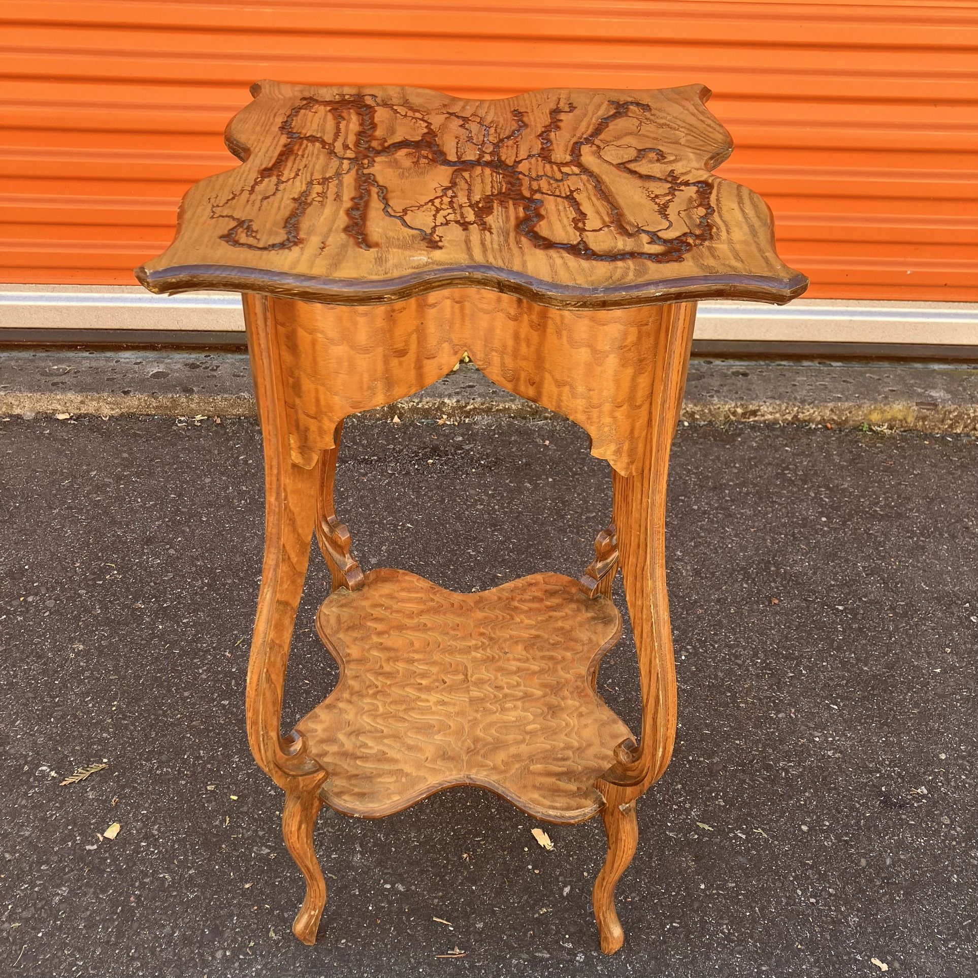 Very Unique Antique Wood Side Table With Fractal Burnt Top