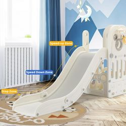 LAZY BUDDY Toddler Slide, Freestanding Slide and Indoor/Outdoor Climbing Playset with Basketball Hoop and Storage Space