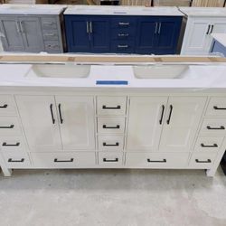 72” Brand New Bathroom Vanity in white, double sink soft close solid wood.  $1099 
