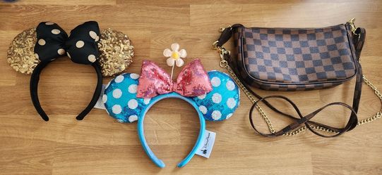Disney ears and clutch purse.