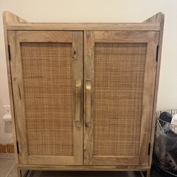 Wood & Rattan Bar Storage Cabinet with Wine Glass Rack