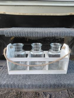 Mini milk jug carrier (x3) jugs nested in mini wooden crate 5 in x 10 .25 in