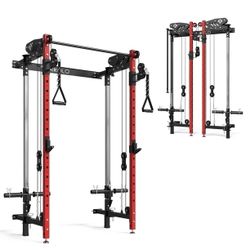 Mikolo Foldable Power Rack Cage,1000lbs Capacity Wall Mounted Squat Rack with independent pulley system, Space Saving Home Gym Equipment with 5 Adjust