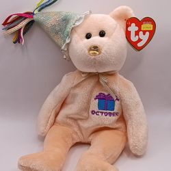 TY Beanie Baby October Birthday Bear with Birthday Hat