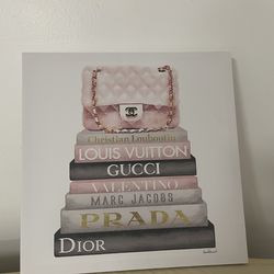 Chic Designer Fashion Wall Art Canvas – Chanel Bag & Luxury Book Stack (17x17)