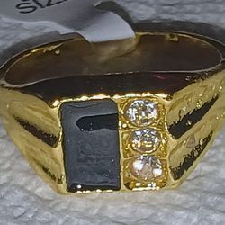 Sz11  18k Gold Plated Rectangular Black Onyx inlay CZ Stone Three Accent Stones Ring