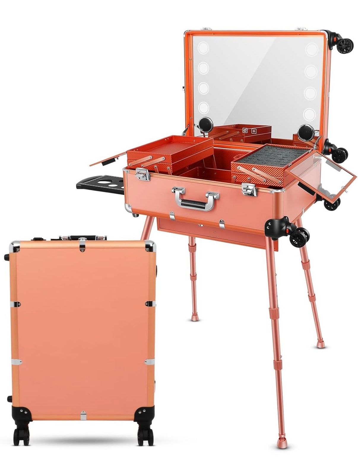 Aluminum Trolley Makeup Train Case with Led Light Rolling Makeup Case with Legs Suitcase Vanity with Lights with Stand Mirror Makeup Vanity Station (2