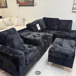 NEW BLACK SECTIONAL SOFA WITH STORAGE OTTOMAN AND FREE DELIVERY