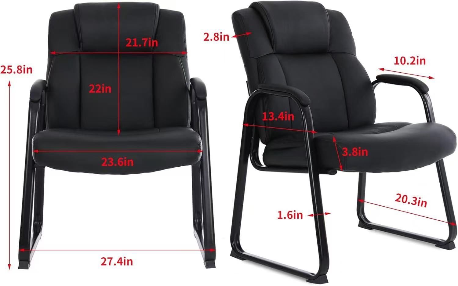🥨CLATINA Big and Tall Office Chair 400lbs Leather Reception Chair with Bonded Padded Armrest Wide Seat Sled Base Desk Chair No Wheels for Reception C