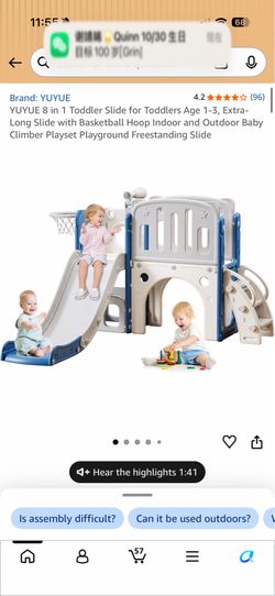 YUYUE 8 in 1 Toddler Slide for Toddlers Age 1-3, Extra-Long Slide with Basketball Hoop Indoor and Outdoor Baby Climber Playset Playground Freestanding