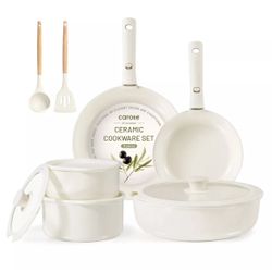 Carote Ceramic Cookware Set, Non Toxic Detachable Pots and Pans, 13Pcs Induction Cookware, Cream