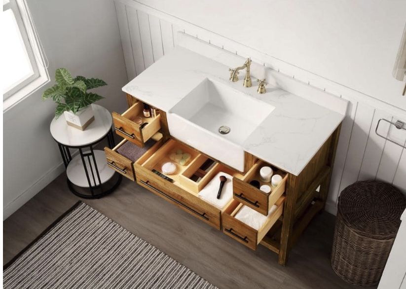IOUISE 48 in. Wx22in.Dx35.7in.H Bath Vanity in brown with Quartz vanity top in white with white basin