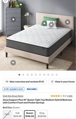 Zinus 10" Queen Medium Hybrid Mattress- New