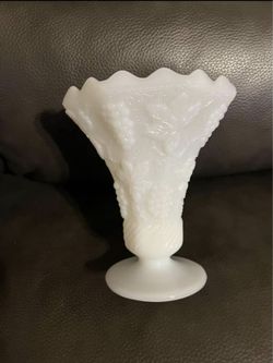 Preowned Vintage Fire King Grape Harvest pattern, Anchor Hocking white milk glass 8 paneled and sawtooth/scalloped edge/rim fluted vase