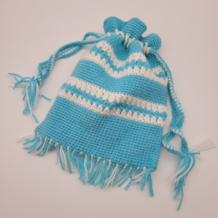 Vintage Fringed Knitted Drawstring Bag In Aqua/Teal Blue And White