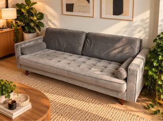 Gray Velvet Tufted Sofa with Bolster Pillows
