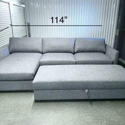 Free Delivery- Brand New Thomasville Gray Sectional Sofa with Large Storage Ottoman 