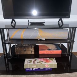 Black Tempered Glass TV Stand With 2 Floating Shelves