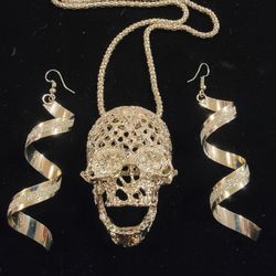 IceCrush Cz Jewelry "Laughing  Skull"Necklace w/ matching Earrings