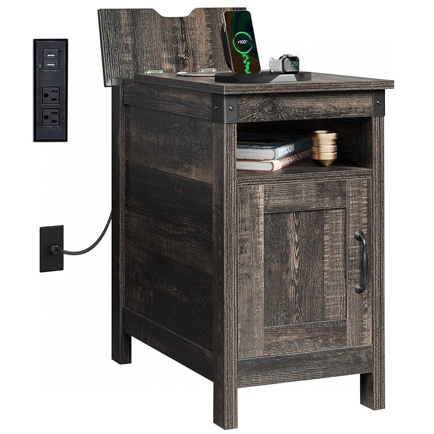 set of 2 End Table with Charging Station, Side Table with USB Ports and Outlets, Narrow Side Table for Small Spaces, Living Room, Couch, Ni