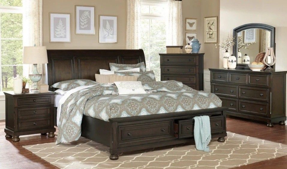 Begonia Grayish Brown Sleigh Storage Platform Bedroom Set,
5-PIECE (BED, DRESSER, MIRROR, NIGHTSTAND AND CHEST)