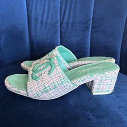 Pink and Green Tweed Heeled Mule 