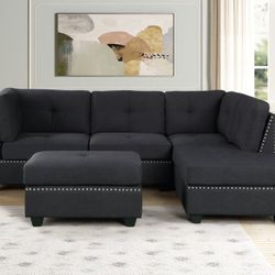 On Sale 💯Uptown Black Velvet Sectional with Ottoman