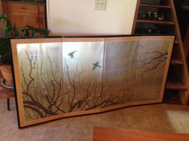 Gorgeous Vintage Four Panel Wall Art Japanese Folding Screen, Songbirds With Cherry Blossom, Goldleaf Background