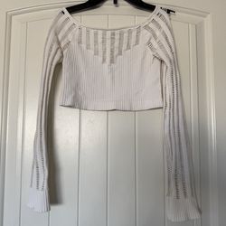 White Ribbed Distressed Knit Long Sleeve Crop Top – Brand New - Size Small