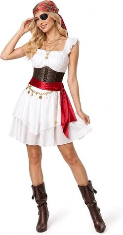 8PCS Pirate Costume Women Set Dress with Accessories Halloween Adult Party Outfit
