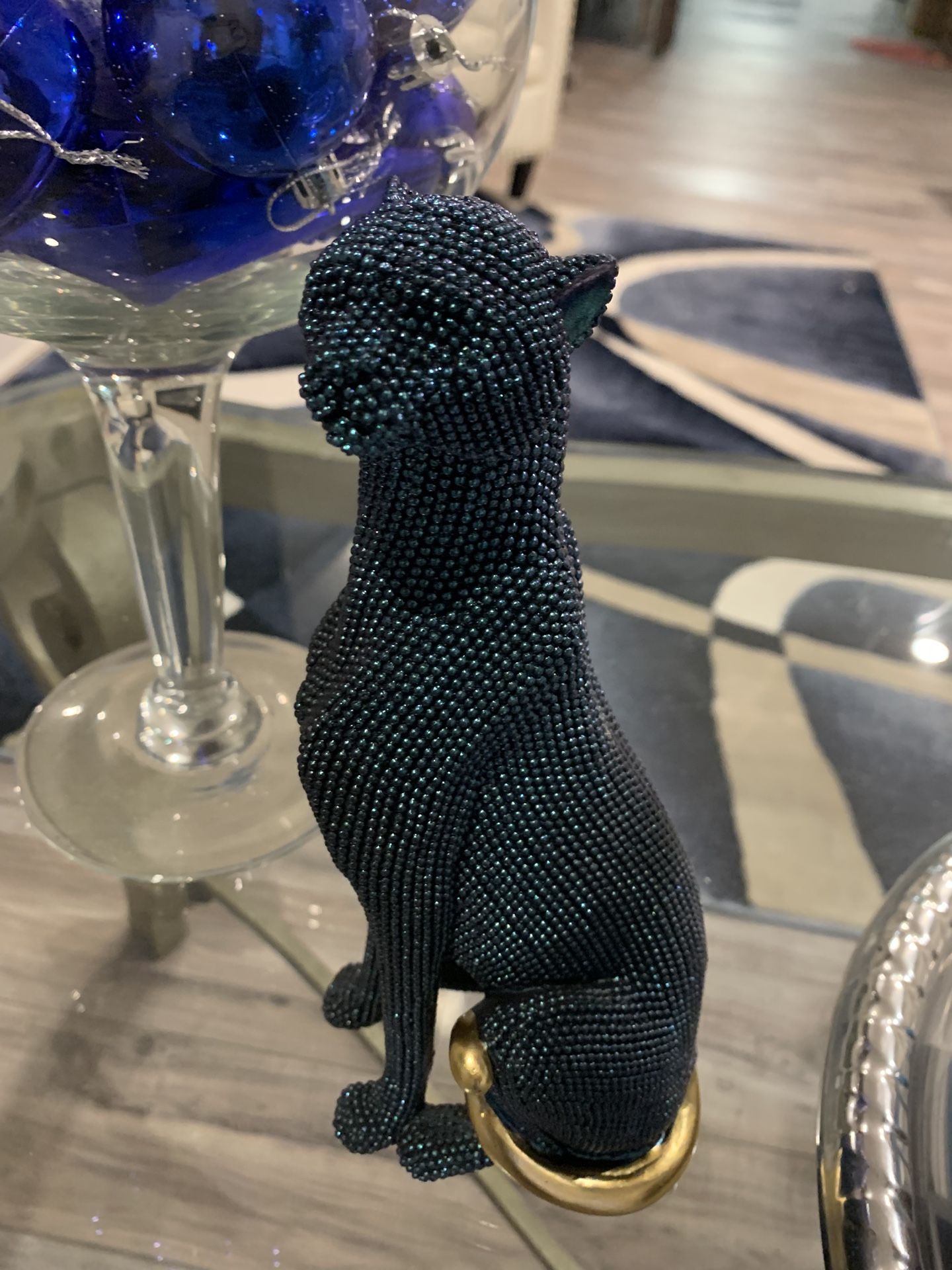 NAVY BLUE AND GOLD CAT STATUE