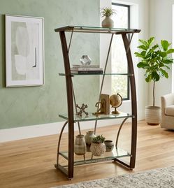 Modern Realspace Merido 4-Tier Glass & Wood Bookcase - Excellent Condition!