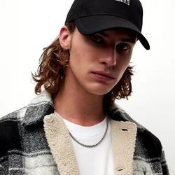 Allsaints Script Embroidered Logo 6 Panel Unisex Baseball Cap Dark Black