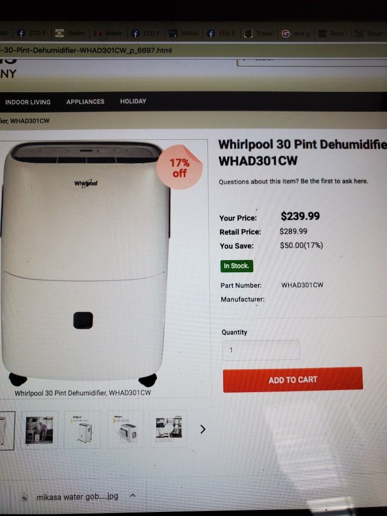 30 Pint Dehumidifier New In Box Whirlpool