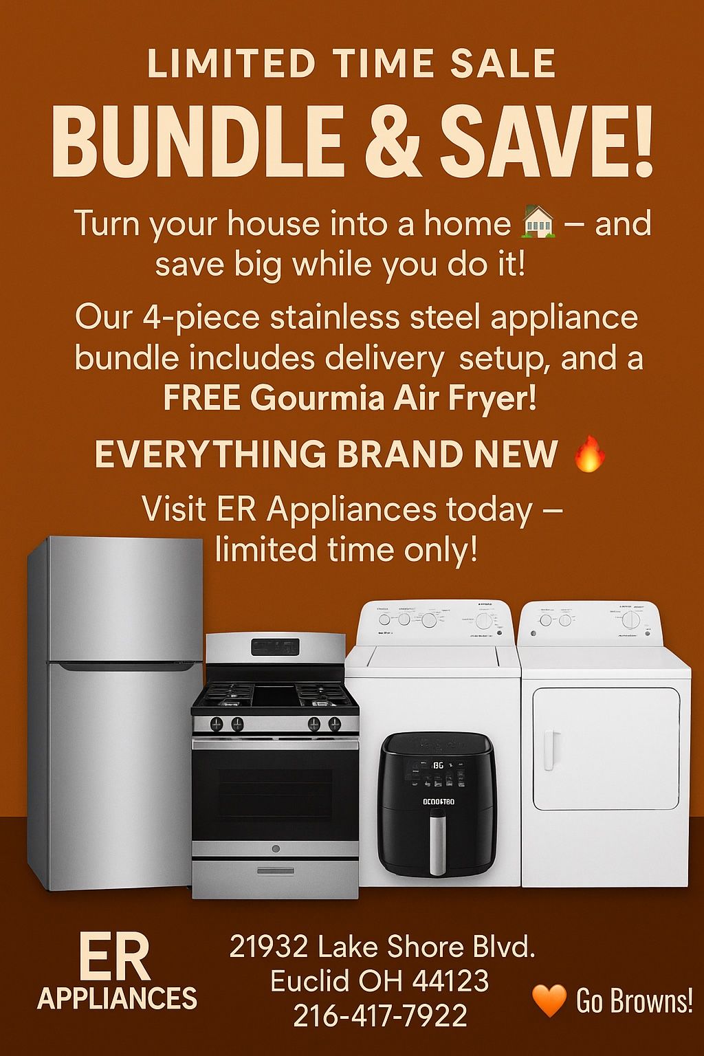 4 Piece set New Refrigerator/ gas Stove Washer& Electric Dryer New