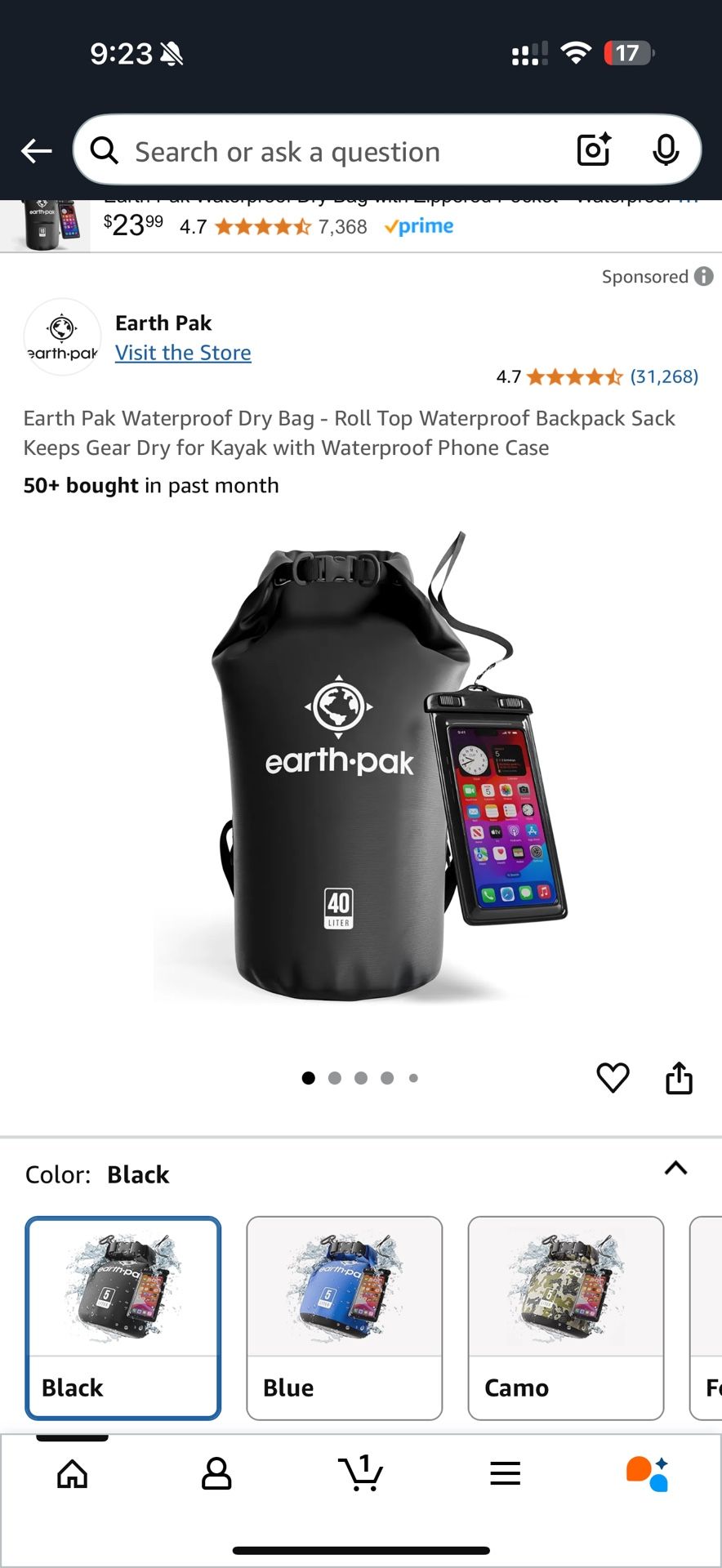 New Earth Pak 40 Liter Waterproof Dry Bag Backpack with Phone Case Sack Keeps Gear Dry Camping Kayak Black Color