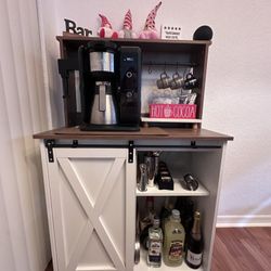 Farmhouse Coffee Bar with Hutch, White Coffee Bar Cabinet with Storage Sliding Barn Door, 31 Inch Buffet Cabinet with 6 Hooks
