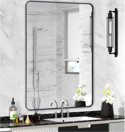 NIB Black Metal Framed Bathroom Mirror for Wall, Large Brushed Matte Black Rounded Corner Rectangular Bathroom Vanity Mirror, Anti-Rust, Tempered Glas