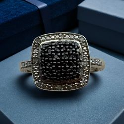 Sun 925 Sterling Silver Black White Diamond Pave Ring Size 7 Preowned