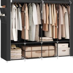 Portable Closet, Wardrobe Closet Organizer with Cover, 4 Hanging Rods and Shelves, 4 Side Pockets,
