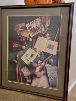 VINTAGE GOLF MEMORABILIA ART PRINT BY MICHAEL HARRISON 1992 FRAMED/MATTED