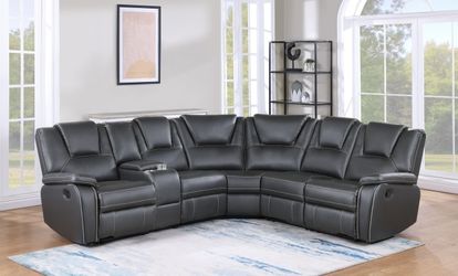 Grey Leather Sectional With 3 Recliners - Available In Black And Brown