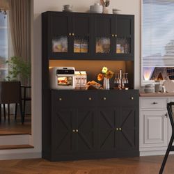 🖤 Modern Kitchen Pantry Cabinet w/ LED Light, Drawers, & Charging Port | Open Box