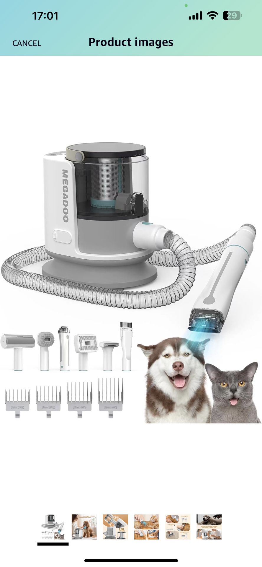 Pet Dog Grooming Kit & Vacuum Suction 99% Pet Hair, Dog Grooming Clippers 6 Pet Brush Trimmer Clipper Tools 1.5L Large Dust Cup Low Noise Dog Vacuum S