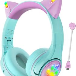 Cat Ear Kids Bluetooth Headphones with LED Light Up,Safe 85dB Volume Limit,Built-in Mic&Boom Mic for Calls,Kids Wireless&Wired Headphones for Tablet/A