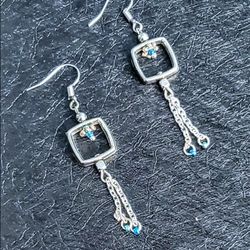 Turquoise Beaded   Silver Chain Earrings