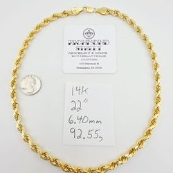 14k gold 22" 6.4mm diamond cut rope chain
