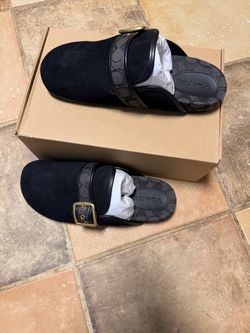 Coach Black Suede Slide Sandals with Signature Strap