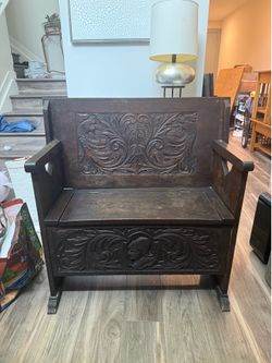 Vintage Carved Oak Monk’s Bench – Fold-Down Table & Storage – Tudor/Gothic Style